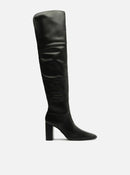 Bota Over The Knee Preta Couro Salto Alto