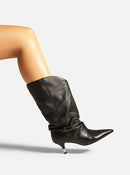 Bota Preta Couro Cano Médio Salto Fino Slouch