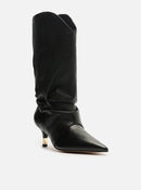 Bota Preta Couro Cano Médio Salto Fino Slouch